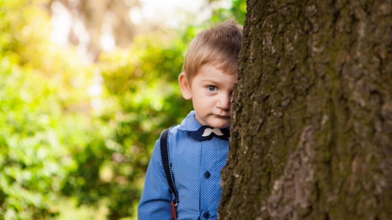 کودک خجالتی در پشت درخت